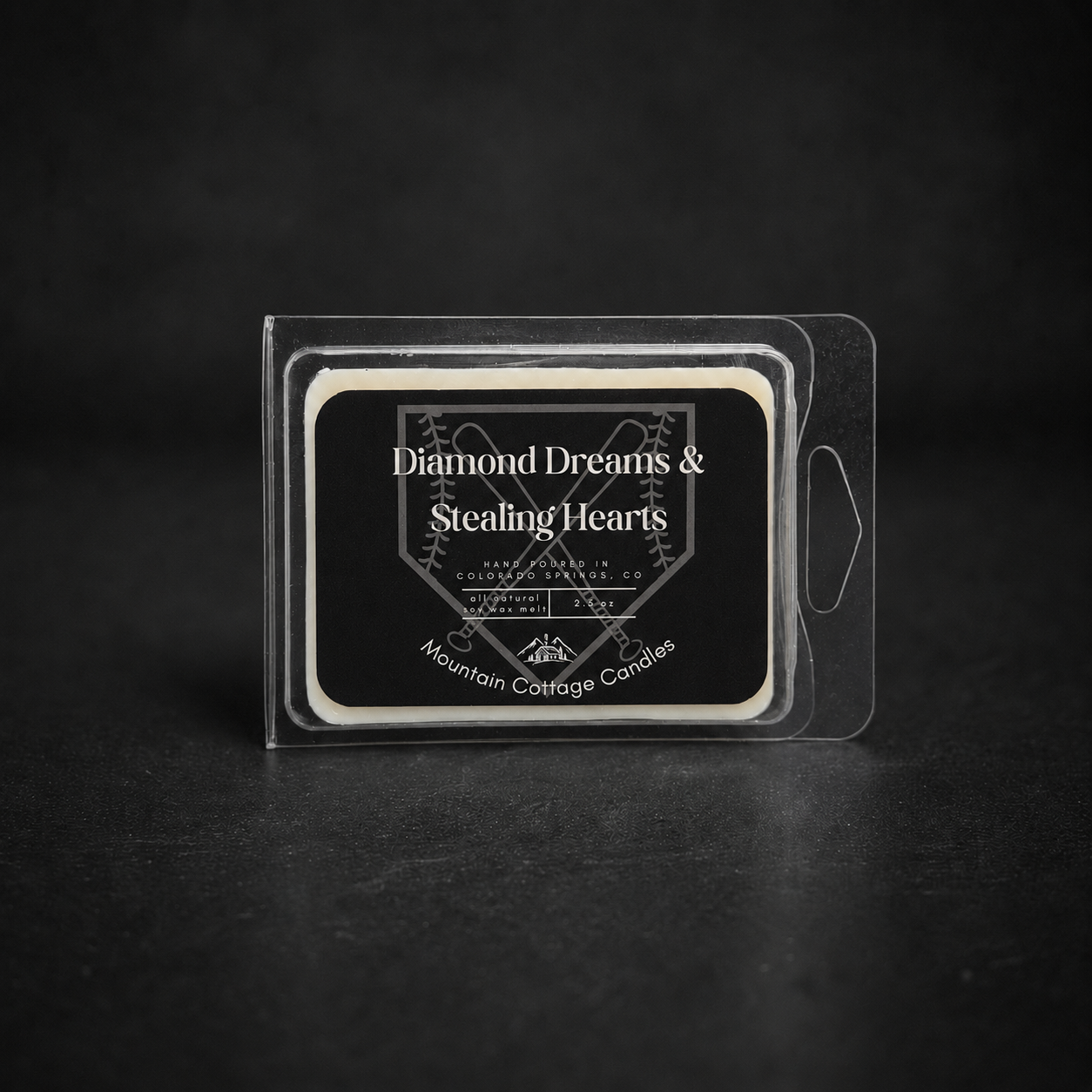 Diamond Dreams & Stealing Hearts soy wax melt in a clear clamshell pack, black label showing crossed baseball bats