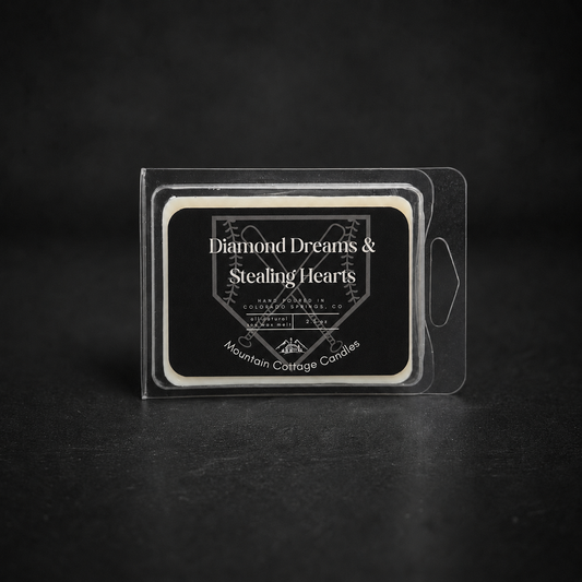 Diamond Dreams & Stealing Hearts soy wax melt in a clear clamshell pack, black label showing crossed baseball bats