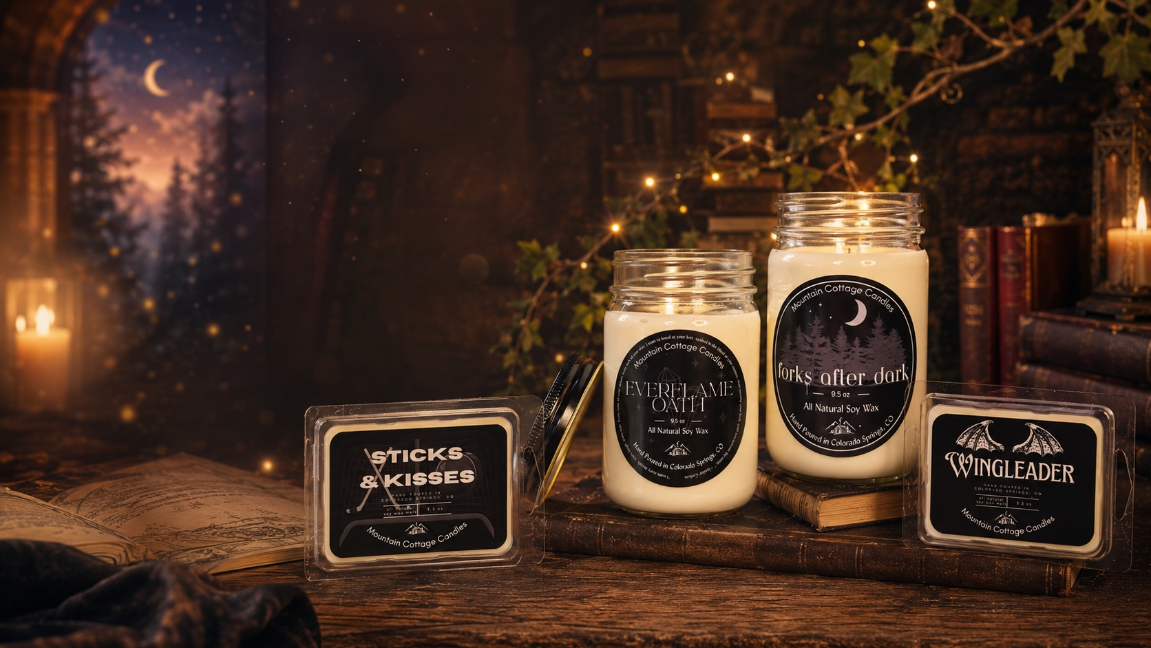 Black-labeled BookTok candles and wax melts among antique books and fairy lights, a moonlit forest window behind