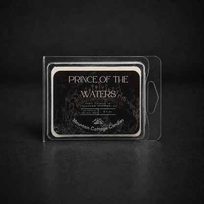 Prince of The Waters soy wax melt in a clear clamshell pack, black label showing an ornate crown