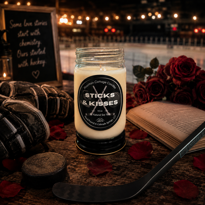 Sticks & Kisses 9.5 oz soy candle by an ice rink at night with hockey gloves, a puck, red roses and an open book