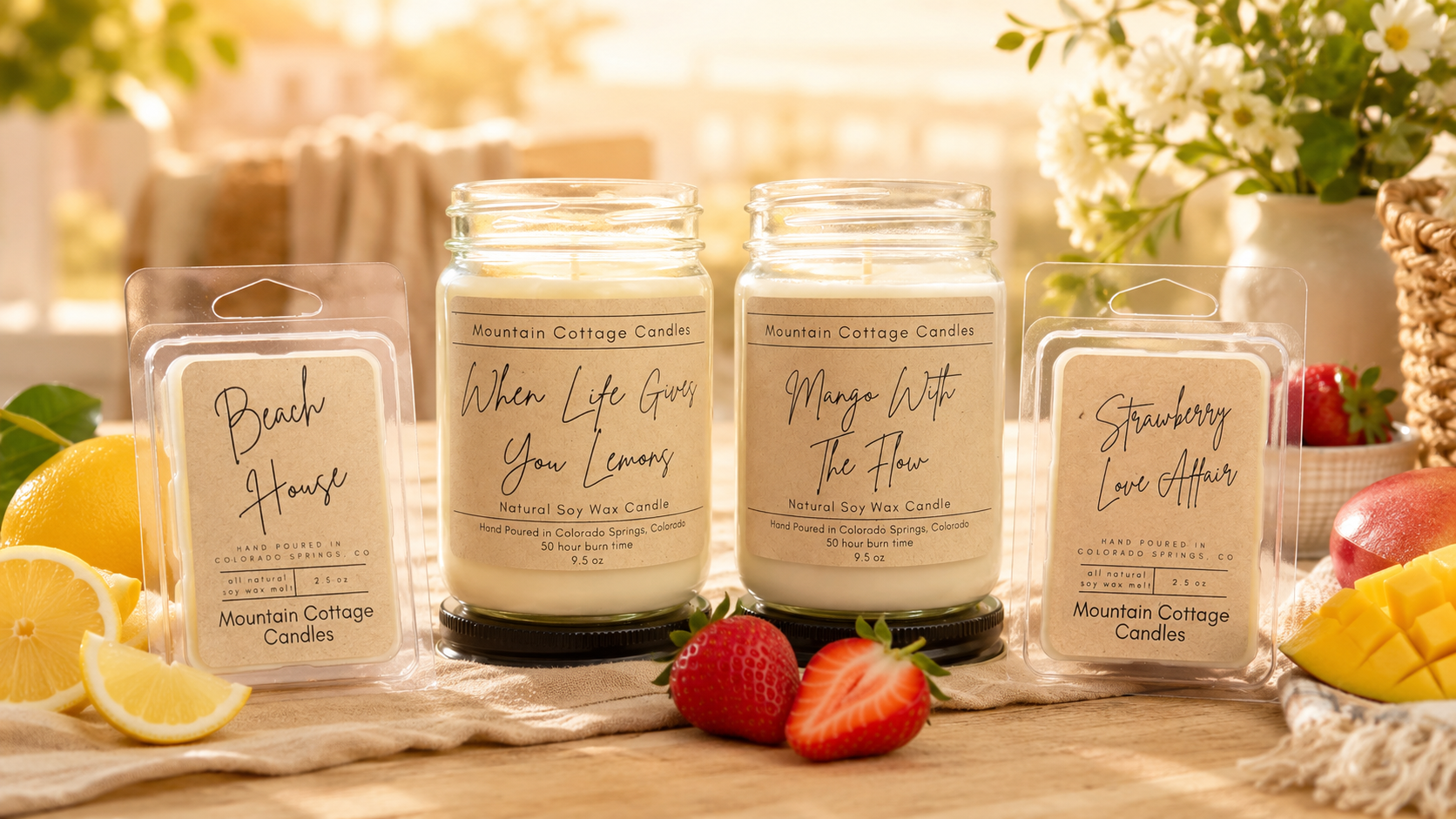 Kraft-labeled candles and wax melts on a sunlit table with lemons, strawberries and sliced mango