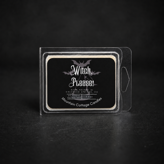 Witch, Please! soy wax melt in a clear clamshell pack, black label with flying bats above a witch's hat